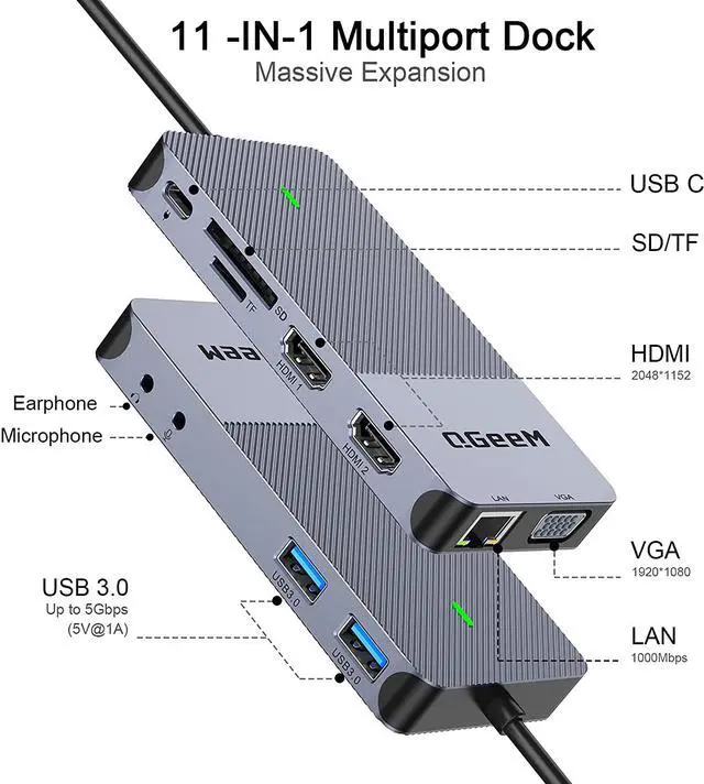 Alt view image 3 of 7 - QGeeM USB 3.0 Docking Station, Triple Display USB C Hub Dual HDMI VGA Adapter, Portable USB A Dock Dual Monitor Compatible with All USB-C and USB 3.0 Laptop (Grey)