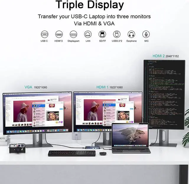 Alt view image 4 of 7 - QGeeM USB 3.0 Docking Station, Triple Display USB C Hub Dual HDMI VGA Adapter, Portable USB A Dock Dual Monitor Compatible with All USB-C and USB 3.0 Laptop (Grey)