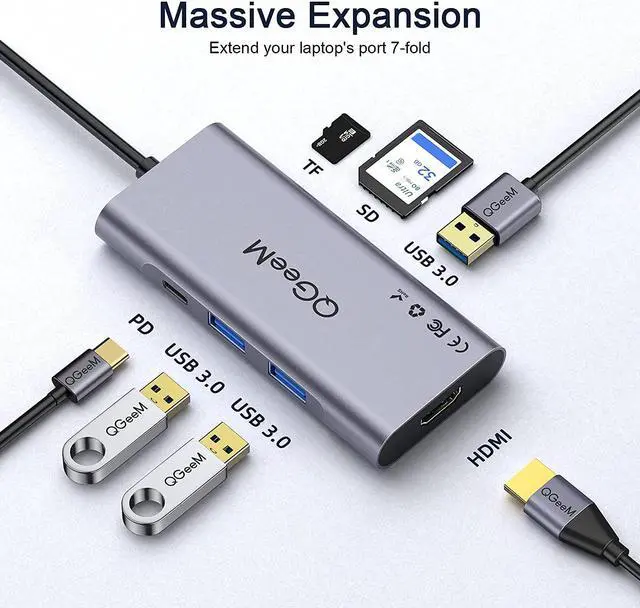 Alt view image 2 of 7 - QGeeM 7 in 1 Type C Hub to HDMI 4k, 3 USB 3.0 Ports, 100W Power Delivery, SD/TF Card Readers Compatible with MacBook Pro 13/15(Thunderbolt 3),2018 Mac Air, Chromebook USB-C Notebook Dock