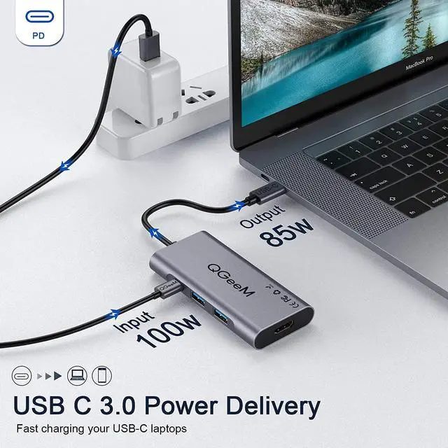 Alt view image 6 of 7 - QGeeM 7 in 1 Type C Hub to HDMI 4k, 3 USB 3.0 Ports, 100W Power Delivery, SD/TF Card Readers Compatible with MacBook Pro 13/15(Thunderbolt 3),2018 Mac Air, Chromebook USB-C Notebook Dock