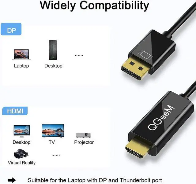 Alt view image 7 of 7 - QGEEM Displayport to HDMI Cable 6FT, Display Port (DP) to HDMI Adapter Male to Male Cord Converter for PC to HDTV, Monitor, Projector