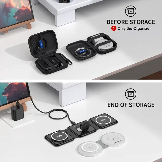 Alt view image 4 of 7 - UCOMX Travel Case for 3 in 1 Wireless Charger,Hard EVA Carrying Charger Case,Portable Storage Waterproof Bag with Zipper,Soft Durable Pouch Bag for Foldable Wireless Charger,Adapter,Cable(Box Only)