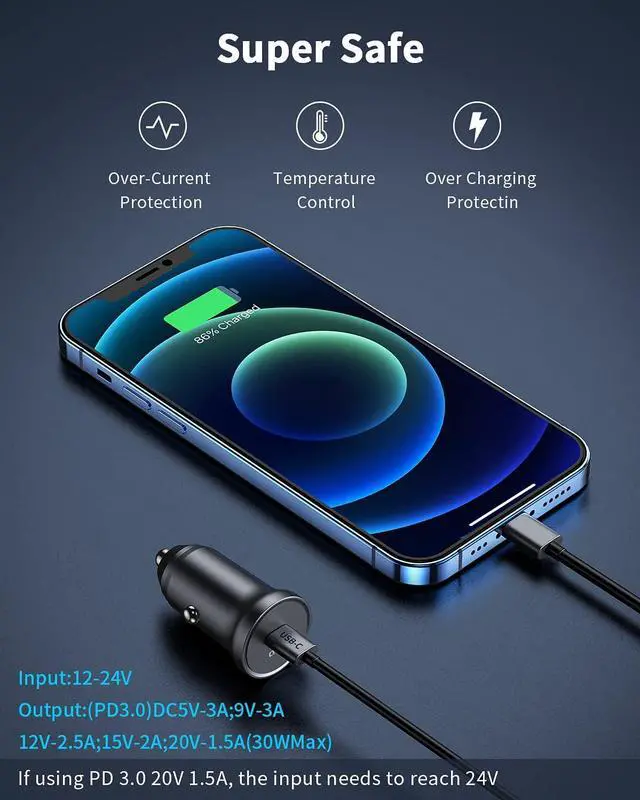Alt view image 4 of 6 - USB C Car Charger Adapter,QGeeM 30W Super Mini Type C Power Delivery PD Fast Car Charger Compatible for iPhone12/12 Pro Max/12 Mini/iPhone 11/Pro Max/XR/XS/Max/8/8P,iPad Pro,MacBook,AirPods