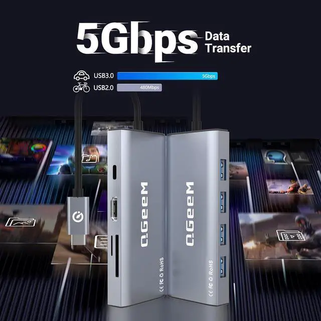 Alt view image 7 of 7 - QGeeM USB C Hub Ethernet,9-in-1 Docking Station with 4K HDMI,Card Reader,100W PD, USB 3.0/2.0, Gigabit Ethernet,USB C Dock Compatible with iPhone 15/Mac Book/Dell/HP/Surface/Steam Deck and More
