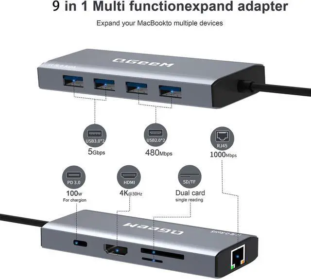 Alt view image 2 of 7 - QGeeM USB C Hub Ethernet,9-in-1 Docking Station with 4K HDMI,Card Reader,100W PD, USB 3.0/2.0, Gigabit Ethernet,USB C Dock Compatible with iPhone 15/Mac Book/Dell/HP/Surface/Steam Deck and More