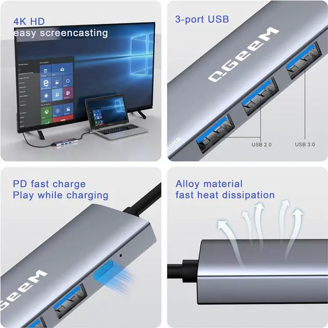 Alt view image 2 of 6 - QGeeM USB C Hub 5 in 1 Multi-Port Digital AV Adapter 4K HDMI, 100W Power Delivery, 3 USB-A Data Ports, USB C Dongle for MacBook Pro/Air, iPad Pro, iMac, iPhone 15 Pro/Pro Max, XPS, Thinkpad and More.