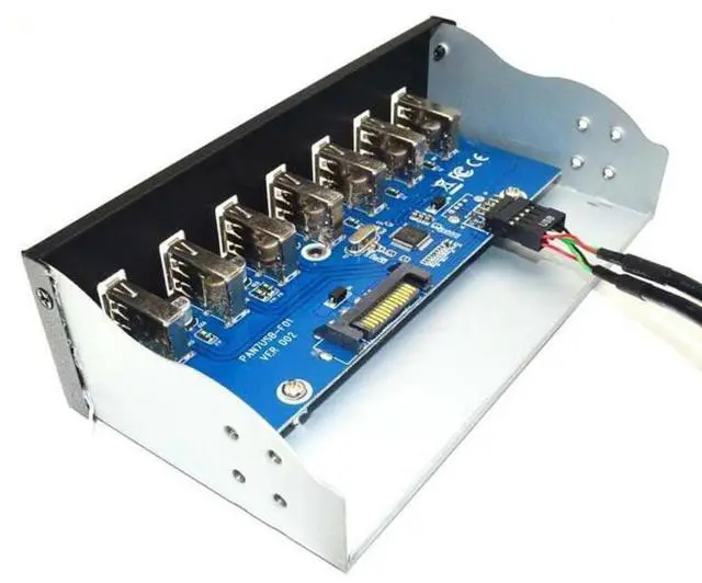 Alt view image 5 of 5 - 7 Port USB 2.0 5.25" Internal CD-ROM Bay Front Panel USB Hub, 7 x USB 2.0 to Motherboard USB 9 pin Hub Splitter Adapter, Black