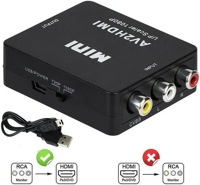 Main image of RCA AV to HDMI Converter Adapter, 1080P 3 RCA CVBS Composite Video Audio Converter Adapter, Mini Composite CVBS to HDMI AV2 Converter with USB Cable for TV PC PS3 STB Xbox VHS VCR DVD (Black)