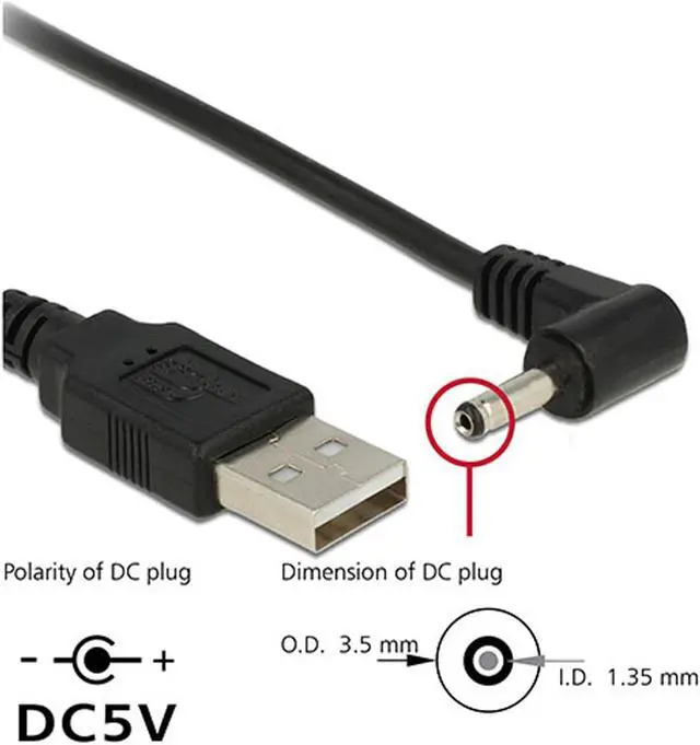 Main image of Right Angled 90 Degree 3.5mm 1.35mm DC power Plug Barrel 5v Cable 100cm to USB 2.0 Male