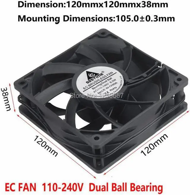 Alt view image 2 of 5 - 1 pcs EC Brushless Cooler Cooling Fan 120mm x 38mm 12038 12cm AC 110V 115V 120V 220V 240V 2 Wires