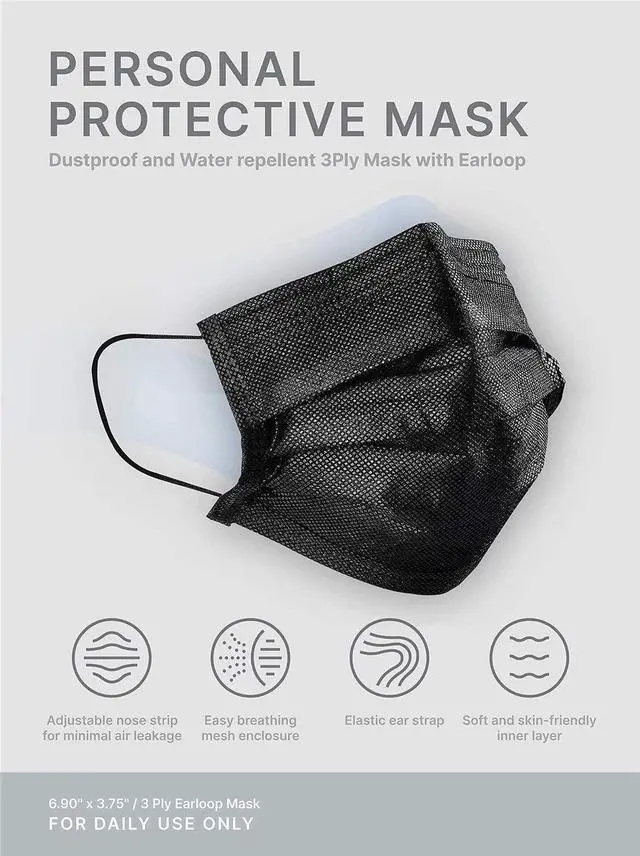 Alt view image 7 of 7 - 100 Pcs Disposable Protection Face Masks, 3 Ply Face Masks Black Disposable Mask Child