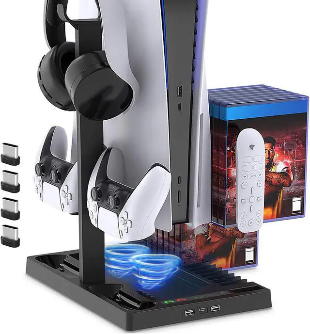 Alt view image 2 of 7 - PS5 Cooling Fans Stand With Headphone Vertical Stand,, 1 Headset Holder, 2 Controller Chargers, 15 Game Cd Slots, And 1 Media Remote Control Base, Cooling Base For PlayStation 5 Black