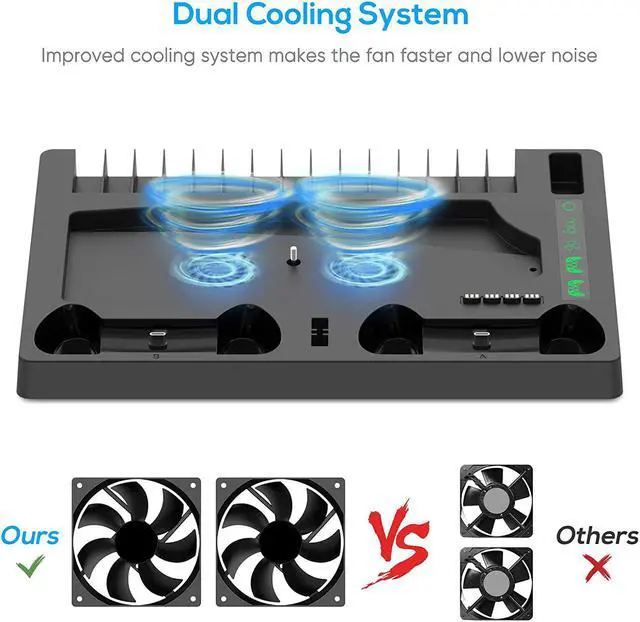 Alt view image 7 of 7 - PS5 Cooling Fans Stand With Headphone Vertical Stand,, 1 Headset Holder, 2 Controller Chargers, 15 Game Cd Slots, And 1 Media Remote Control Base, Cooling Base For PlayStation 5 Black