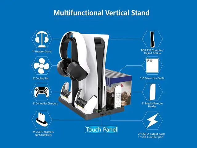 Alt view image 3 of 7 - PS5 Cooling Fans Stand With Headphone Vertical Stand,, 1 Headset Holder, 2 Controller Chargers, 15 Game Cd Slots, And 1 Media Remote Control Base, Cooling Base For PlayStation 5 Black