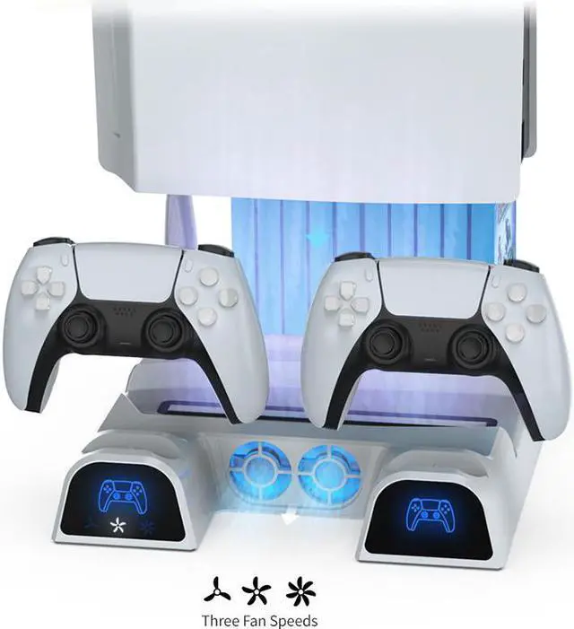 Alt view image 3 of 7 - PS5 Stand with Cooling Fan and Dual Controller Charger Station for Playstation 5 PS5 Console, Suction Cooler Fan with Charging Dock Station and 11 Games Storage- Remote control Storage Included White