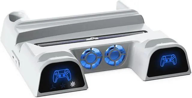 Alt view image 2 of 7 - PS5 Stand with Cooling Fan and Dual Controller Charger Station for Playstation 5 PS5 Console, Suction Cooler Fan with Charging Dock Station and 11 Games Storage- Remote control Storage Included White
