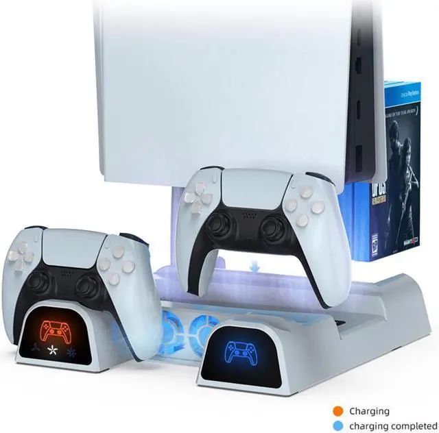 Alt view image 6 of 7 - PS5 Stand with Cooling Fan and Dual Controller Charger Station for Playstation 5 PS5 Console, Suction Cooler Fan with Charging Dock Station and 11 Games Storage- Remote control Storage Included White