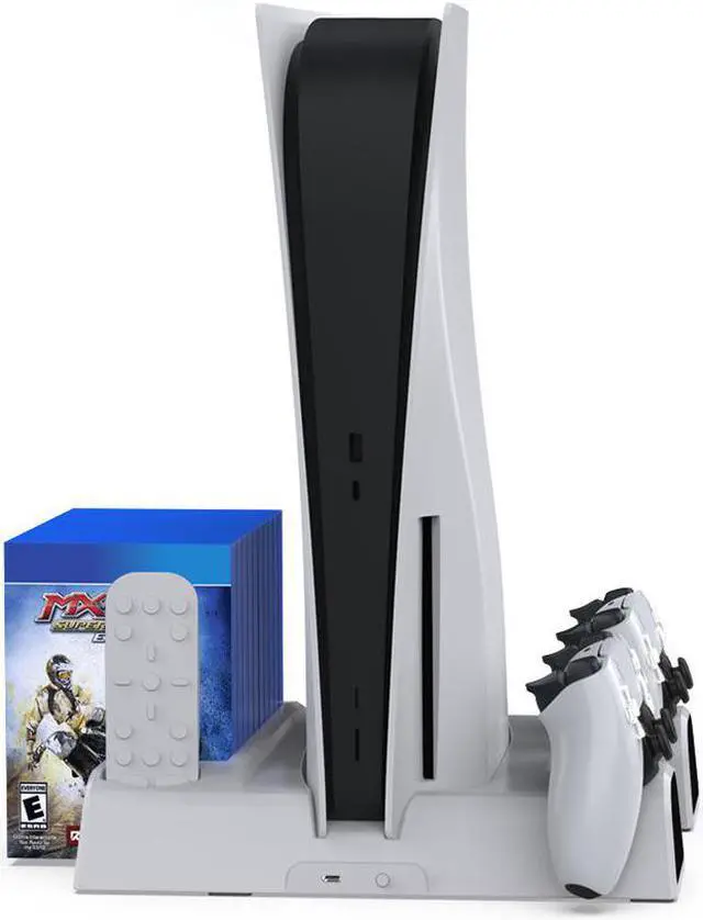 Alt view image 4 of 7 - PS5 Stand with Cooling Fan and Dual Controller Charger Station for Playstation 5 PS5 Console, Suction Cooler Fan with Charging Dock Station and 11 Games Storage- Remote control Storage Included White