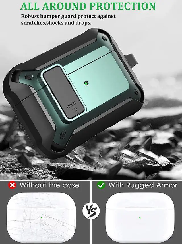 Alt view image 5 of 6 - Rome Care For AirPods Pro Case Cover For Men With Lock, Military Armor Series Full-Body Airpod Pro Case With Keychain Cool Air Pod Pro Shockproof Protective Case For AirPods Pro 2019, Black/Green