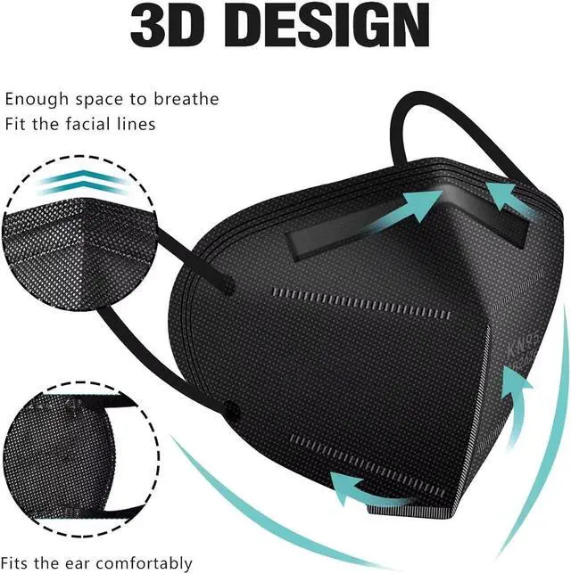 Alt view image 3 of 7 - ROME CARE 100pcs KN95 Face Mask Black 5 Layer Cup Dust Safety Masks Filter Efficiency95% Breathable Elastic Ear Loops Black Masks