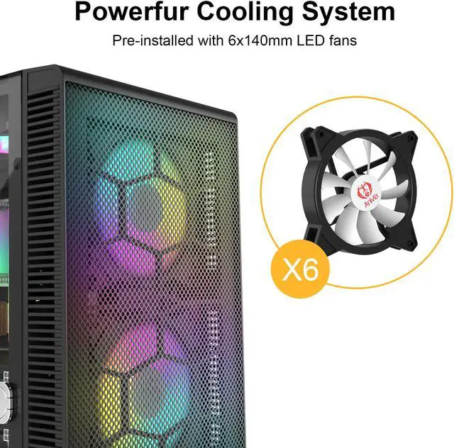 Alt view image 6 of 6 - Anivia ATX Mid-Tower PC Gaming Case, Pre-Installed 6PCS Rainbow LED Fans Opening Tempered Glass Panel & Mesh Front Panel Airflow Gaming PC Tower -USB3.0 - Support ATX,Micro ATX,ITX Black