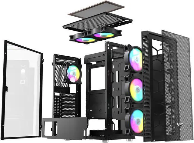 Alt view image 2 of 6 - Anivia ATX Mid-Tower PC Gaming Case, Pre-Installed 6PCS Rainbow LED Fans Opening Tempered Glass Panel & Mesh Front Panel Airflow Gaming PC Tower -USB3.0 - Support ATX,Micro ATX,ITX Black
