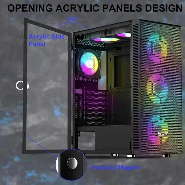 Alt view image 5 of 6 - Anivia ATX Mid-Tower PC Gaming Case, Pre-Installed 6PCS Rainbow LED Fans Opening Tempered Glass Panel & Mesh Front Panel Airflow Gaming PC Tower -USB3.0 - Support ATX,Micro ATX,ITX Black