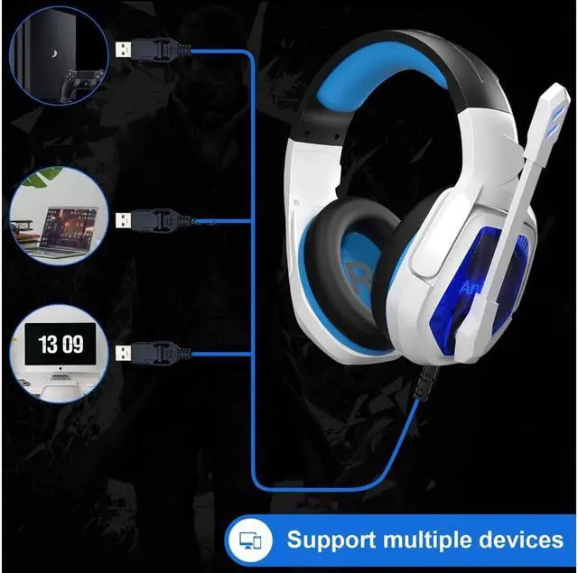 Alt view image 4 of 6 - Anivia Gaming Headset 7.1 Surround Sound Headphone with USB Port Over-The-Ear Noise Cancelling, Volume Control, LED Lights Wired Headset with Mic for PC, Mac, Laptop, Computer (White)