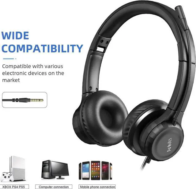 Alt view image 3 of 6 - Computer Headset with Microphone for Call Center, 3.5mm Jack Foldable Noice Canceling On-Ear Headphones for Laptop, Remote Meeting and Online Courses