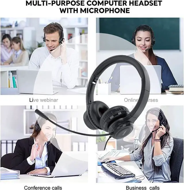 Alt view image 6 of 6 - Computer Headset with Microphone for Call Center, 3.5mm Jack Foldable Noice Canceling On-Ear Headphones for Laptop, Remote Meeting and Online Courses