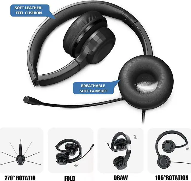 Alt view image 2 of 6 - Computer Headset with Microphone for Call Center, 3.5mm Jack Foldable Noice Canceling On-Ear Headphones for Laptop, Remote Meeting and Online Courses