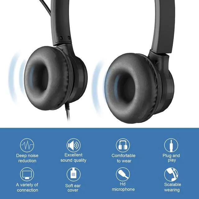 Alt view image 5 of 6 - Computer Headset with Microphone for Call Center, 3.5mm Jack Foldable Noice Canceling On-Ear Headphones for Laptop, Remote Meeting and Online Courses