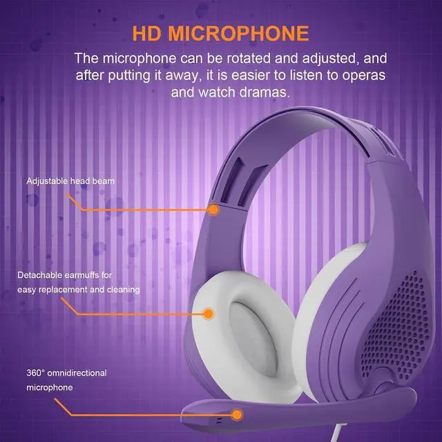 Alt view image 3 of 6 - A9 Pro Purple Headset with Microphone, Stereo Sound Wired Headphones for Women and Girls, Noise Cancelling Microphone with 3.5MM Jack