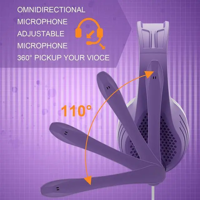 Alt view image 4 of 6 - A9 Pro Purple Headset with Microphone, Stereo Sound Wired Headphones for Women and Girls, Noise Cancelling Microphone with 3.5MM Jack