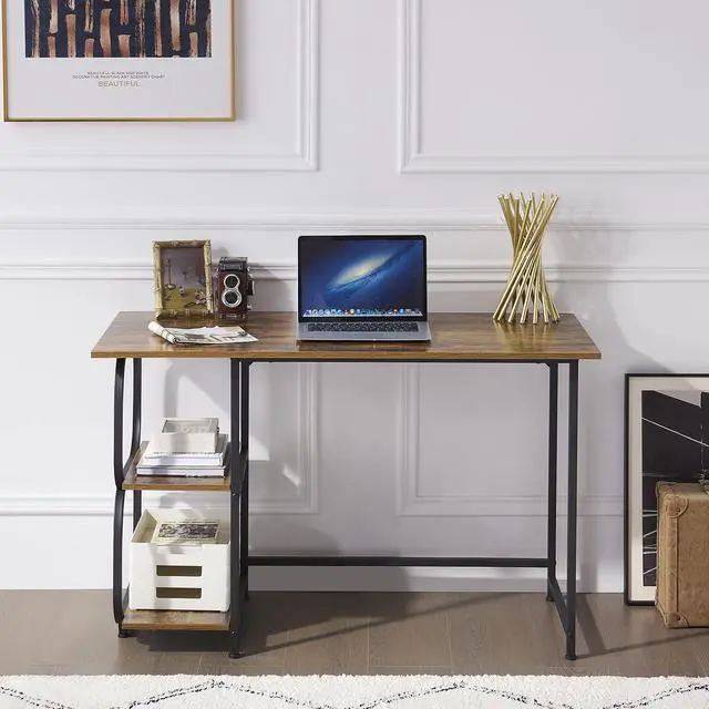 Alt view image 4 of 6 - Writing Computer Home Office Desk with 2 Storage Shelves on Left or Right Side, Industrial Simple Style Wood Table Metal PC Laptop Notebook 47", Rustic Brown + Black Frame