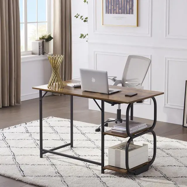 Alt view image 6 of 6 - Writing Computer Home Office Desk with 2 Storage Shelves on Left or Right Side, Industrial Simple Style Wood Table Metal PC Laptop Notebook 47", Rustic Brown + Black Frame