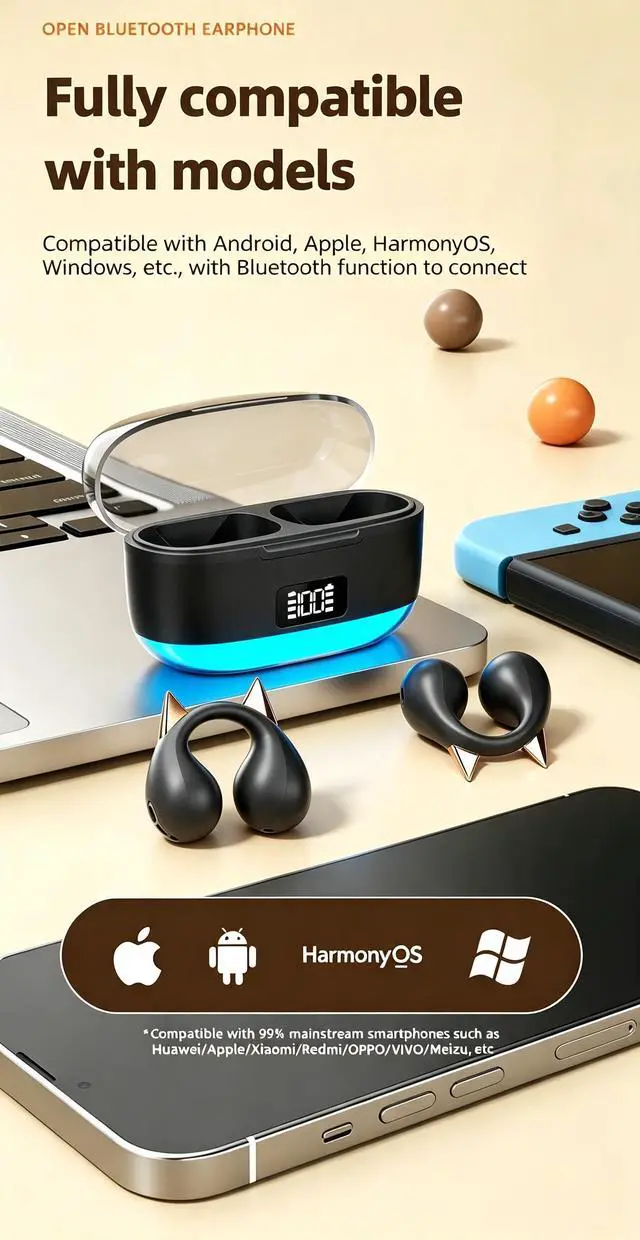 Alt view image 3 of 8 - Anivia Clipon OpenEar Wireless Bluetooth 5.3 Earbuds Sport Headphones with LED Digital Charging Case Non-In-Ear