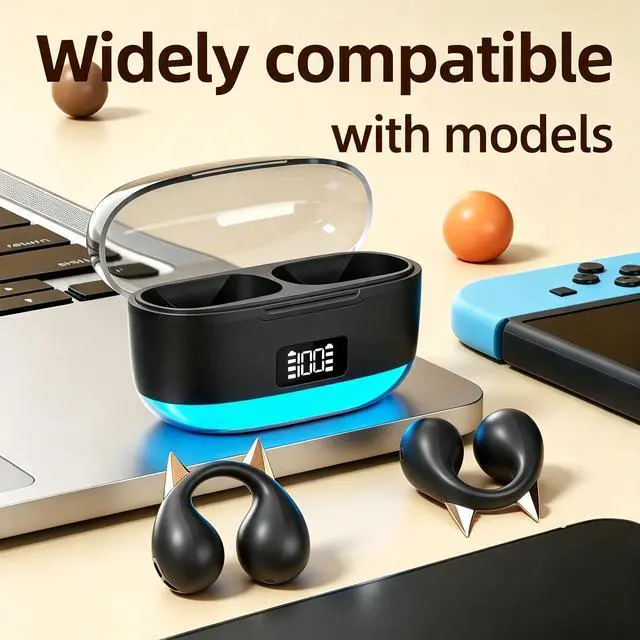 Alt view image 2 of 8 - Anivia Clipon OpenEar Wireless Bluetooth 5.3 Earbuds Sport Headphones with LED Digital Charging Case Non-In-Ear