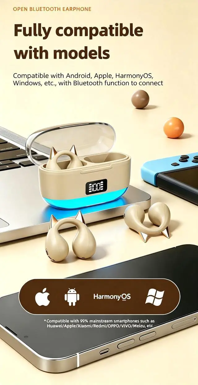 Alt view image 3 of 7 - Anivia Clipon OpenEar Wireless Bluetooth 5.3 Earbuds Sport Headphones with LED Digital Charging Case Non-In-Ear