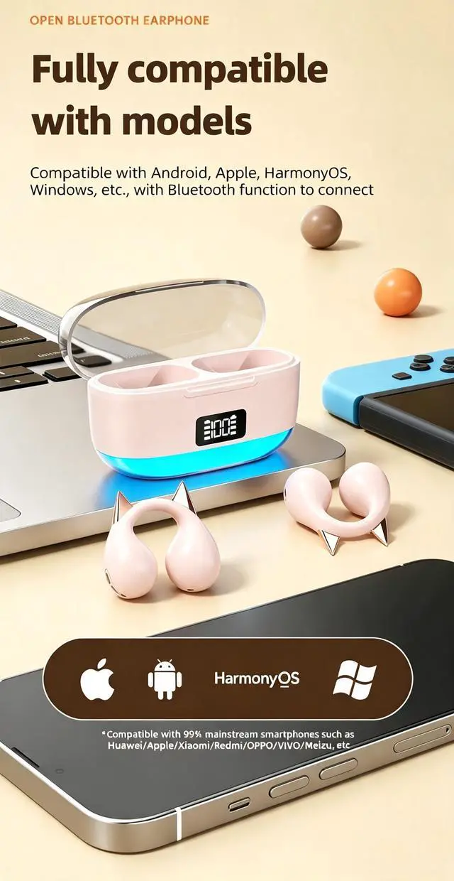Alt view image 3 of 7 - Anivia Clipon OpenEar Wireless Bluetooth 5.3 Earbuds Sport Headphones with LED Digital Charging Case Non-In-Ear