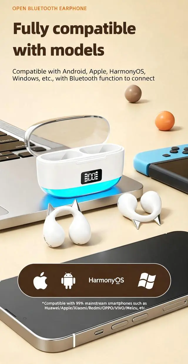 Alt view image 3 of 7 - Anivia Clipon OpenEar Wireless Bluetooth 5.3 Earbuds Sport Headphones with LED Digital Charging Case Non-In-Ear