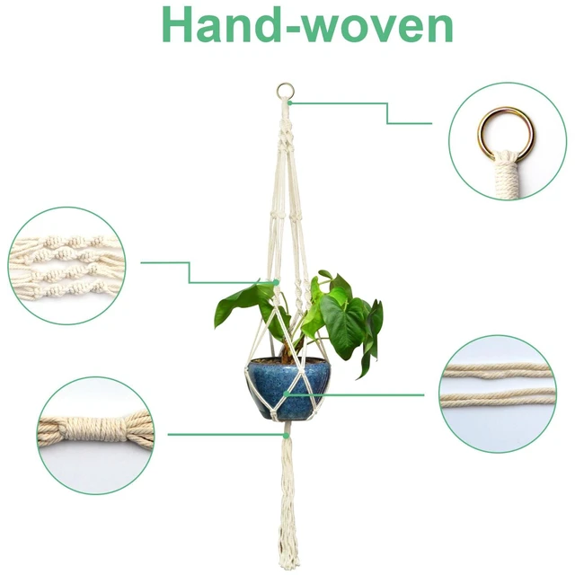 Alt view image 4 of 7 - Anivia Macrame Plant Hanger Hand Woven Cotton Rope Hanging Plant Basket with Metal Ring 41in Hanging Planter Holder for 5-10 Inch Flower Pots Indoor Outdoor Boho Home Decor