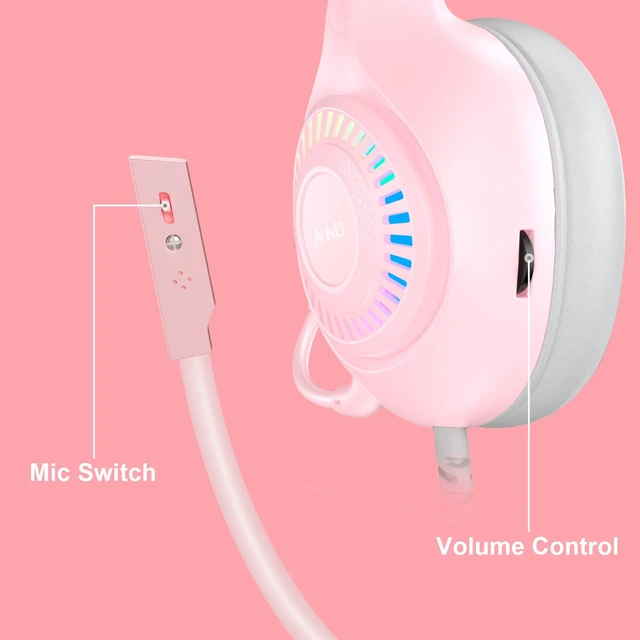 Alt view image 7 of 7 - Anivia Pink Cat Ear Gaming Headset Wired Over-Ear Headphones RGB Light Adjustable Microphone Volume Control PC Laptop