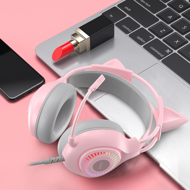 Alt view image 5 of 7 - Anivia Pink Cat Ear Gaming Headset Wired Over-Ear Headphones RGB Light Adjustable Microphone Volume Control PC Laptop