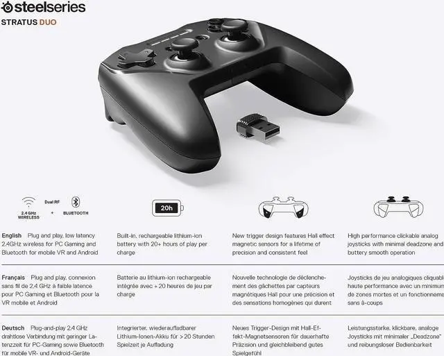 Alt view image 7 of 7 - SteelSeries 69075 Stratus Duo Wireless Gaming Controller for Windows - Android - Mac - iOS - Apple TV - 2.4 GHZ - Bluetooth v4.1 - Black