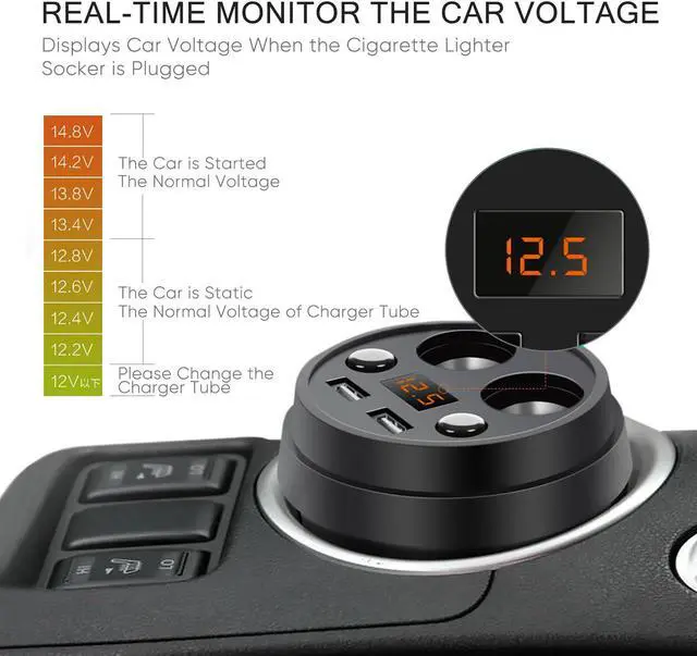 Alt view image 3 of 7 - SLGOL Car Socket Splitter Cup Car Charger Lighter,Support Cigarette Lighter 2 USB 3.1A Power Socket Adapter Phone Chargers with Voltage LED Display (Black)