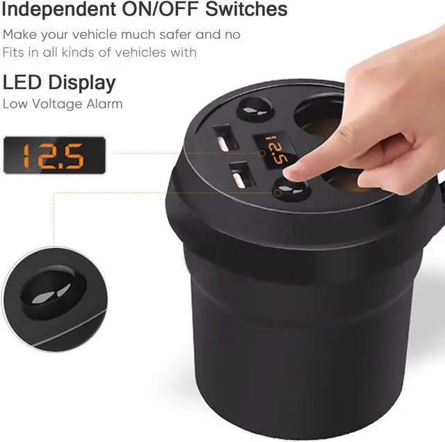 Alt view image 4 of 7 - SLGOL Car Socket Splitter Cup Car Charger Lighter,Support Cigarette Lighter 2 USB 3.1A Power Socket Adapter Phone Chargers with Voltage LED Display (Black)