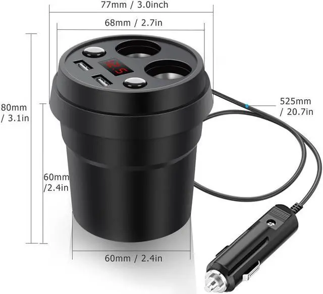 Alt view image 5 of 7 - SLGOL Car Socket Splitter Cup Car Charger Lighter,Support Cigarette Lighter 2 USB 3.1A Power Socket Adapter Phone Chargers with Voltage LED Display (Black)