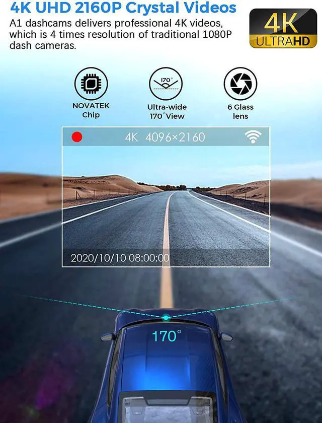 Alt view image 2 of 7 - Dash Cam 4K WiFi Ultra HD 2160P Dash Camera for Cars, Car Camera, Dashcams for Cars with Night Vision, 24 Hours Parking Mode, Loop Recording, G-Sensor, APP, Support 256GB Max