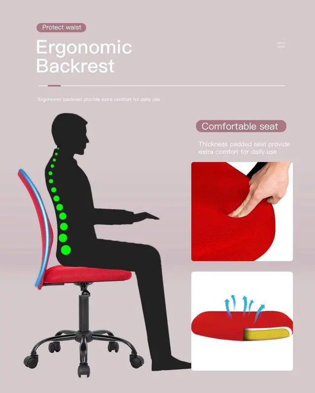 Alt view image 4 of 7 - BestOffice Ergonomic Office Chair Desk Chair Mesh Computer Chair Armless Back Support Modern Executive Rolling Swivel Chair with Lumbar Support(Red)